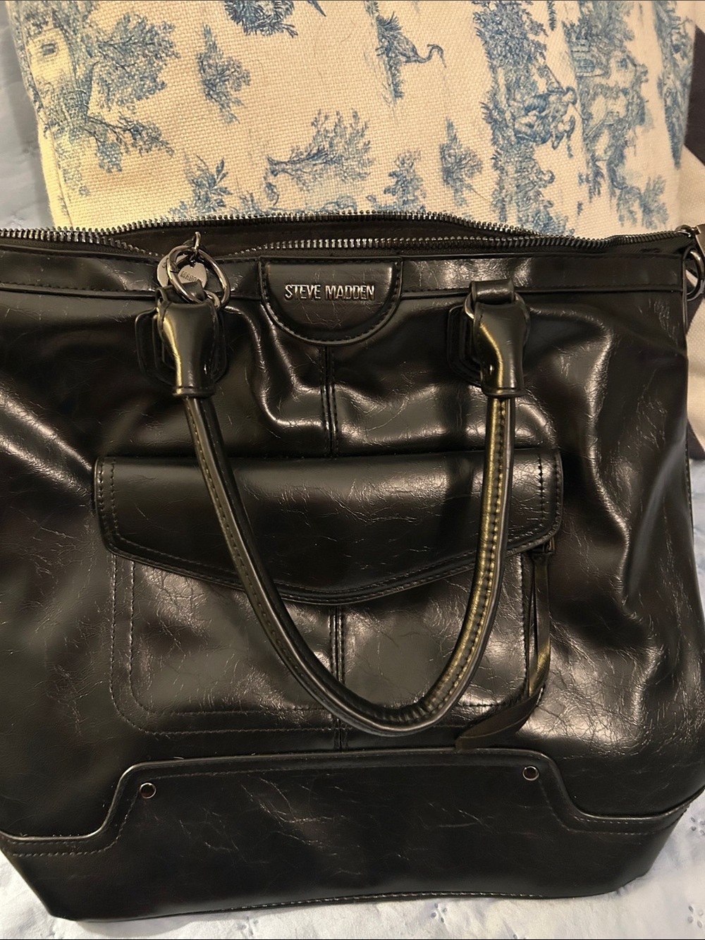Steve Madden Black Leather-Look Patent Tote with Front Flap Pocket